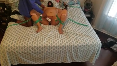 Vibrates her fat Baltimore pussy while she is tied